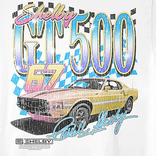White t-shirt with a Shelby GT500 graphic design on a white background