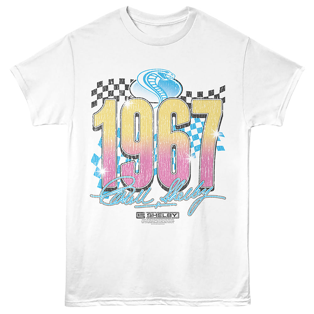 White t-shirt with '1967 Shelby' graphic design on a white background