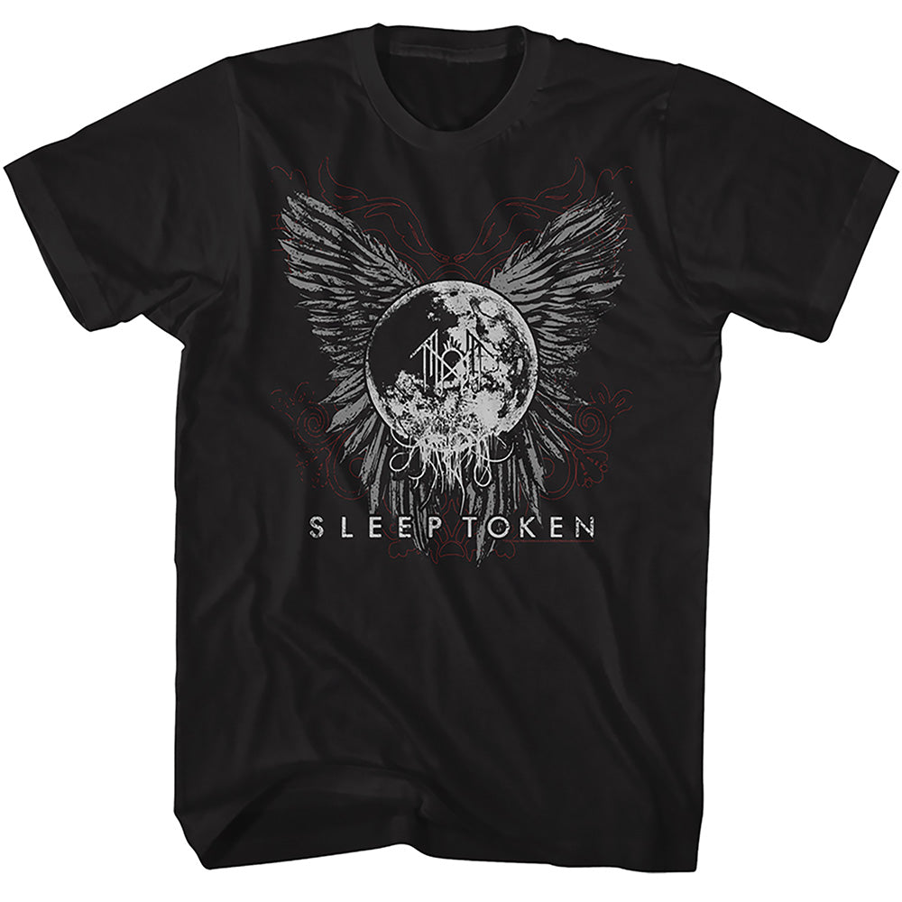 A black short-sleeve crewneck t-shirt featuring a distressed white graphic of a winged moon with the band name 'SLEEP TOKEN' printed below it, displayed on a solid black background.