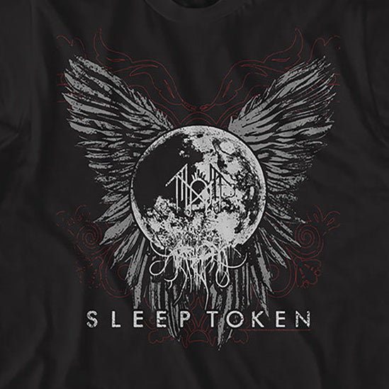 A black short-sleeve crewneck t-shirt featuring a distressed white graphic of a winged moon with the band name 'SLEEP TOKEN' printed below it, displayed on a solid black background.