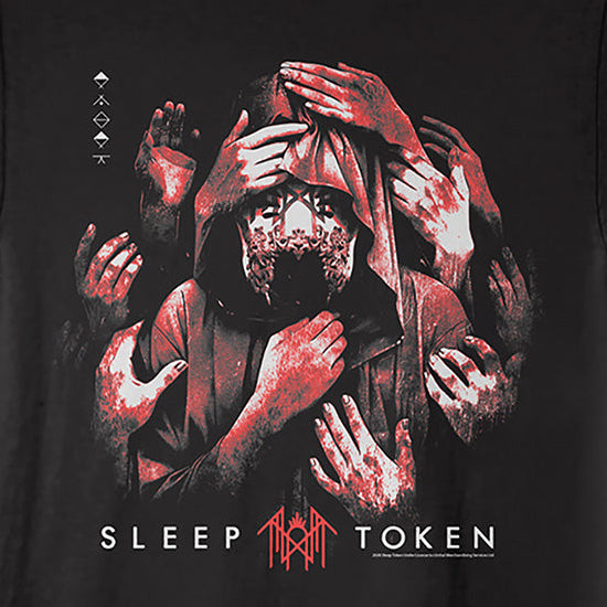 A black short-sleeve graphic t-shirt featuring a horror-themed print of a hooded figure with multiple hands reaching toward the viewer, with the text 'SLEEP TOKEN' and a red symbol printed below.
