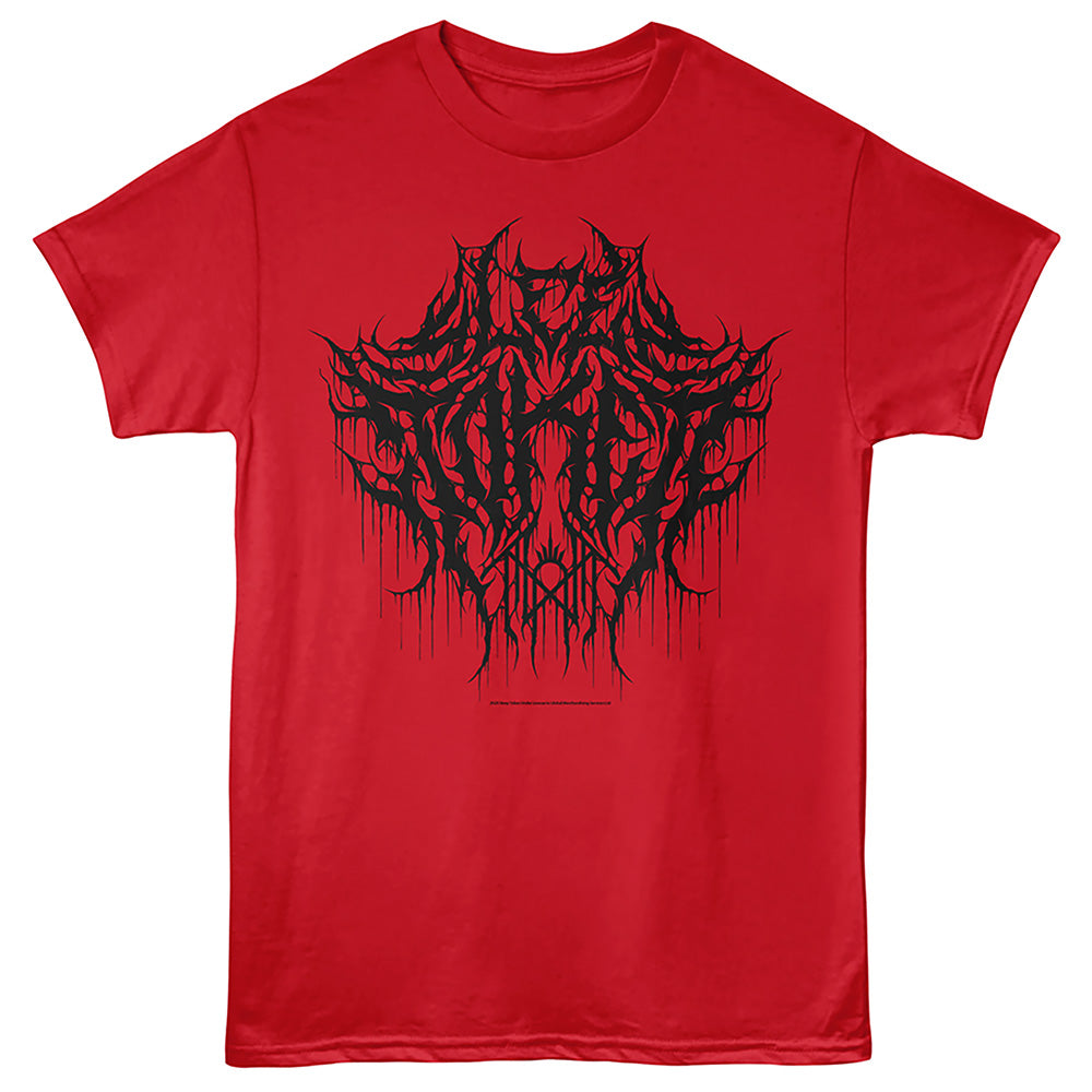 A red short-sleeve crewneck t-shirt featuring a large black metal-style graphic print on the chest, displayed against a solid red background.