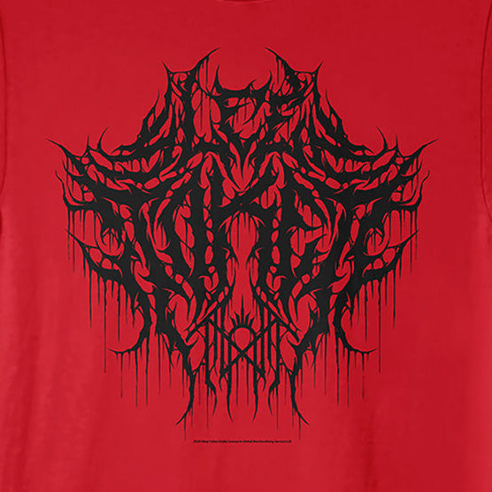 A red short-sleeve crewneck t-shirt featuring a large black metal-style graphic print on the chest, displayed against a solid red background.