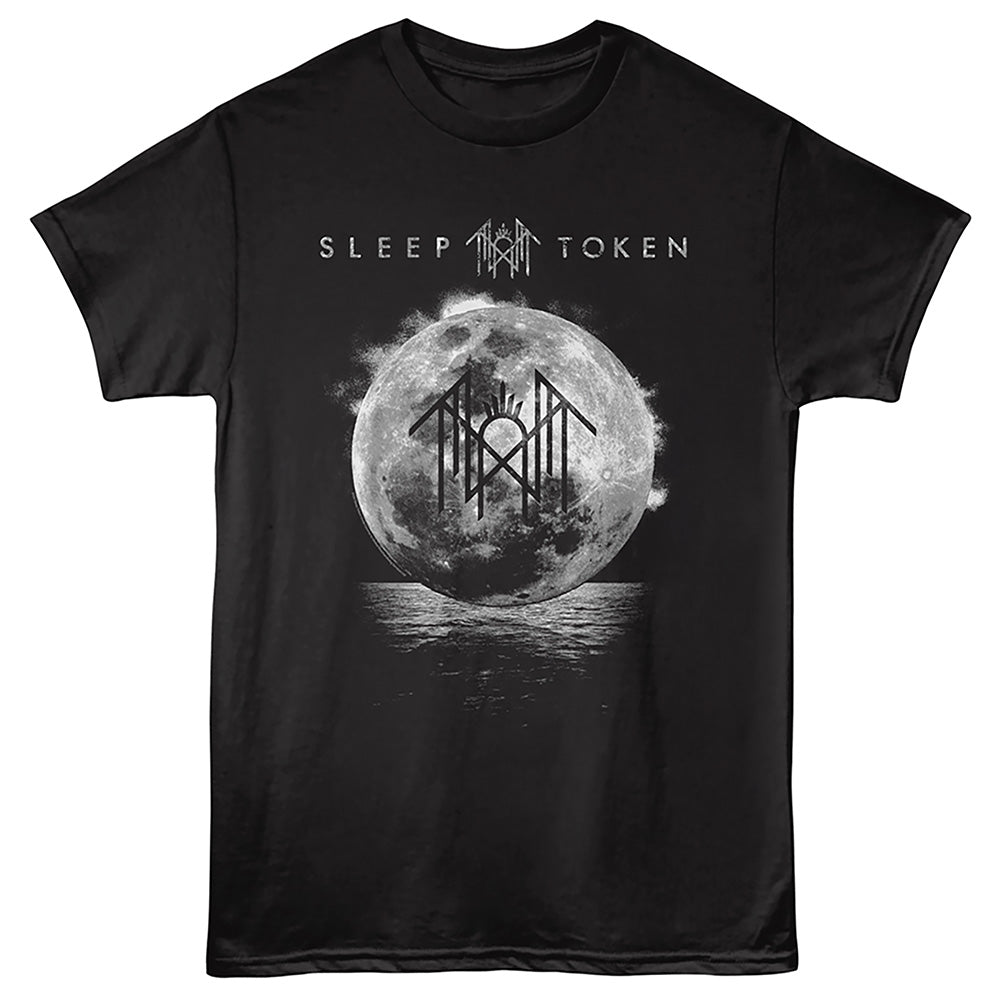 A black short-sleeve crewneck t-shirt featuring a monochrome graphic of a full moon with a runic symbol, under the text 'SLEEP TOKEN'.