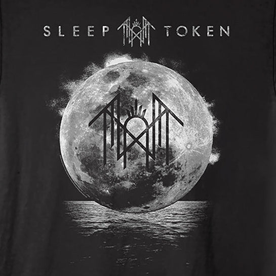 A black short-sleeve crewneck t-shirt featuring a monochrome graphic of a full moon with a runic symbol, under the text 'SLEEP TOKEN'.