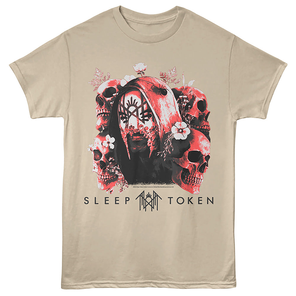 A beige crewneck t-shirt featuring a graphic print of a hooded figure surrounded by red and black skulls with white flowers, and the text 'SLEEP TOKEN' with a geometric logo underneath.