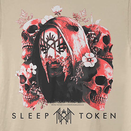 A beige crewneck t-shirt featuring a graphic print of a hooded figure surrounded by red and black skulls with white flowers, and the text 'SLEEP TOKEN' with a geometric logo underneath.