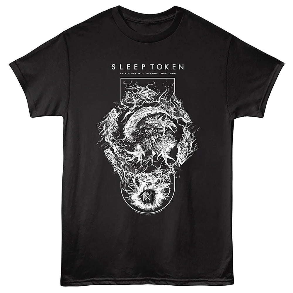 A black short-sleeve crewneck t-shirt featuring a detailed white graphic print on the front. The graphic includes the text 'SLEEP TOKEN' at the top and a complex, circular fantasy illustration in the center.