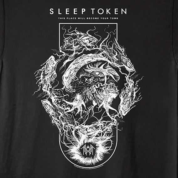 A black short-sleeve crewneck t-shirt featuring a detailed white graphic print on the front. The graphic includes the text 'SLEEP TOKEN' at the top and a complex, circular fantasy illustration in the center.
