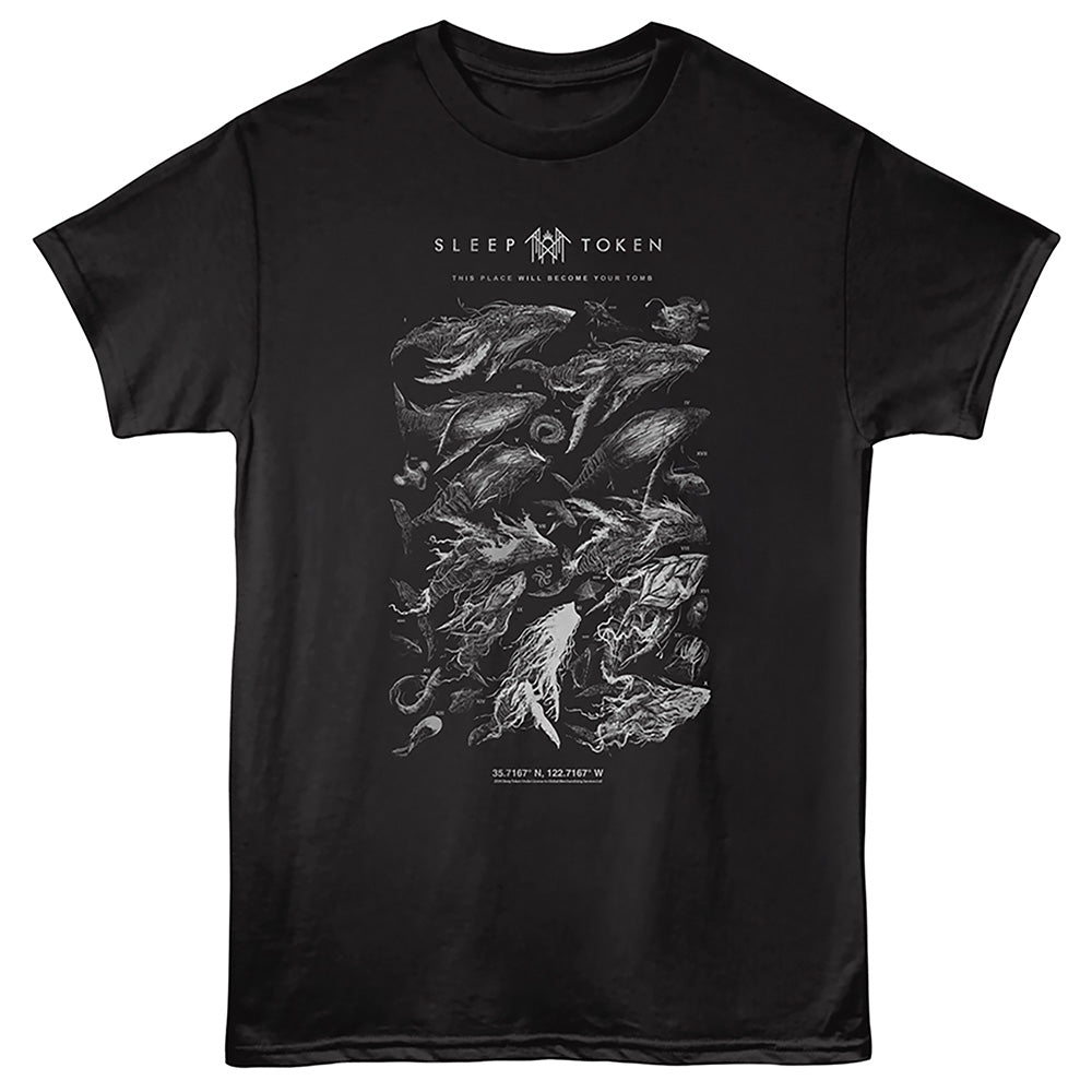 A black short-sleeve crewneck t-shirt featuring a detailed white graphic print of various sea creatures and the text 'SLEEP TOKEN' on the chest, displayed against a black background.