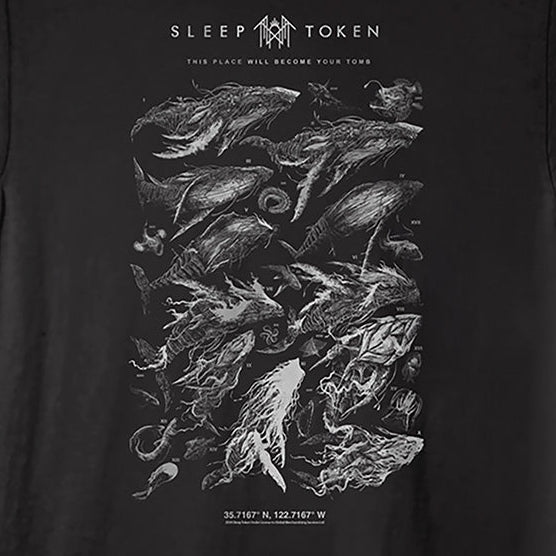 A black short-sleeve crewneck t-shirt featuring a detailed white graphic print of various sea creatures and the text 'SLEEP TOKEN' on the chest, displayed against a solid black background.