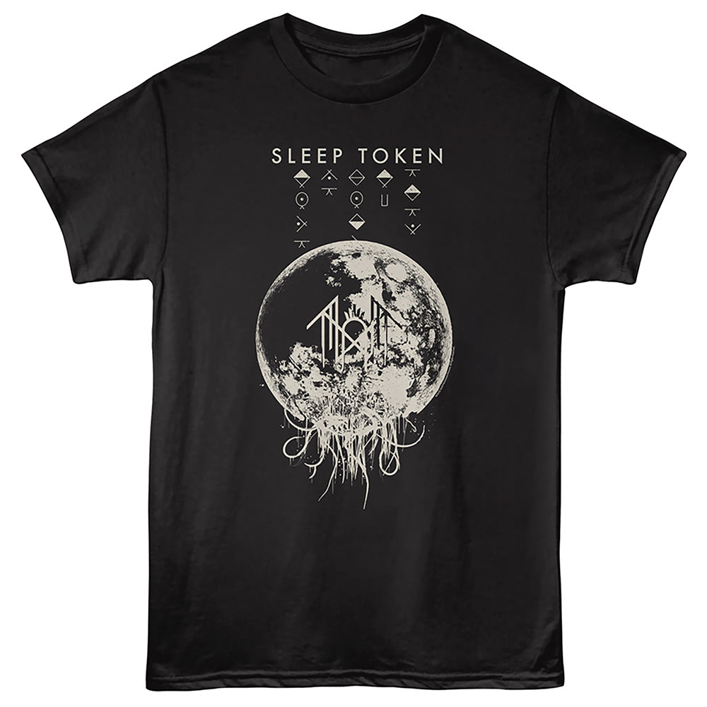 A black short-sleeve t-shirt with a white graphic print on the front. The design features the text 'SLEEP TOKEN' above a circular celestial graphic containing a stylized building and tentacles.