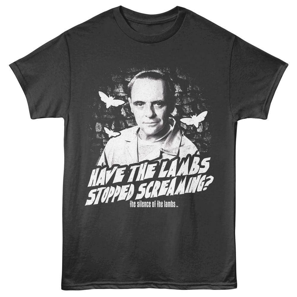 Black t-shirt with a graphic of a man and text 'Have the lambs stopped screaming?' on a black background