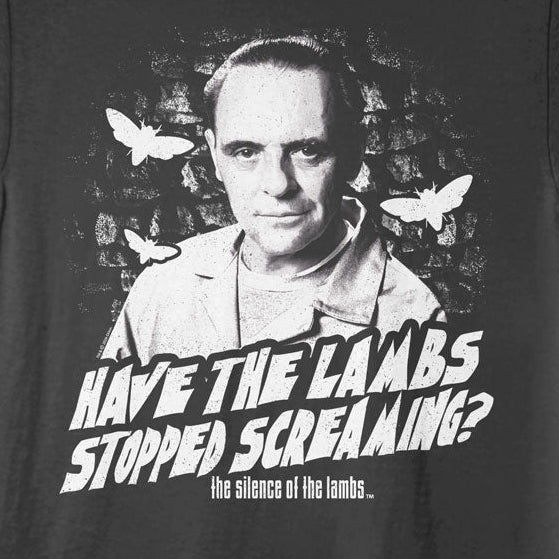 Black t-shirt with a graphic of a man and text 'Have the lambs stopped screaming?' on a black background
