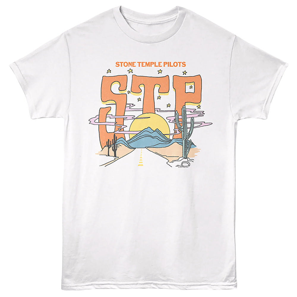 White t-shirt with 'Stone Temple Pilots' graphic design on a white background