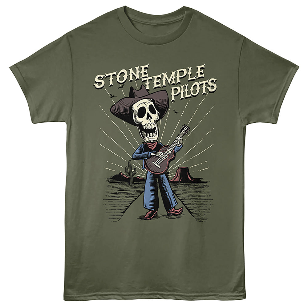 Green t-shirt with a skeleton playing guitar graphic and 'Stone Temple Pilots' text on a military green background