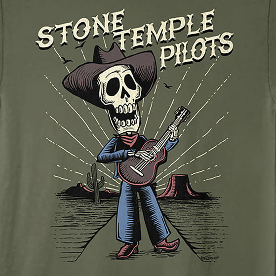 Green t-shirt with a skeleton playing guitar graphic and 'Stone Temple Pilots' text on a military green background