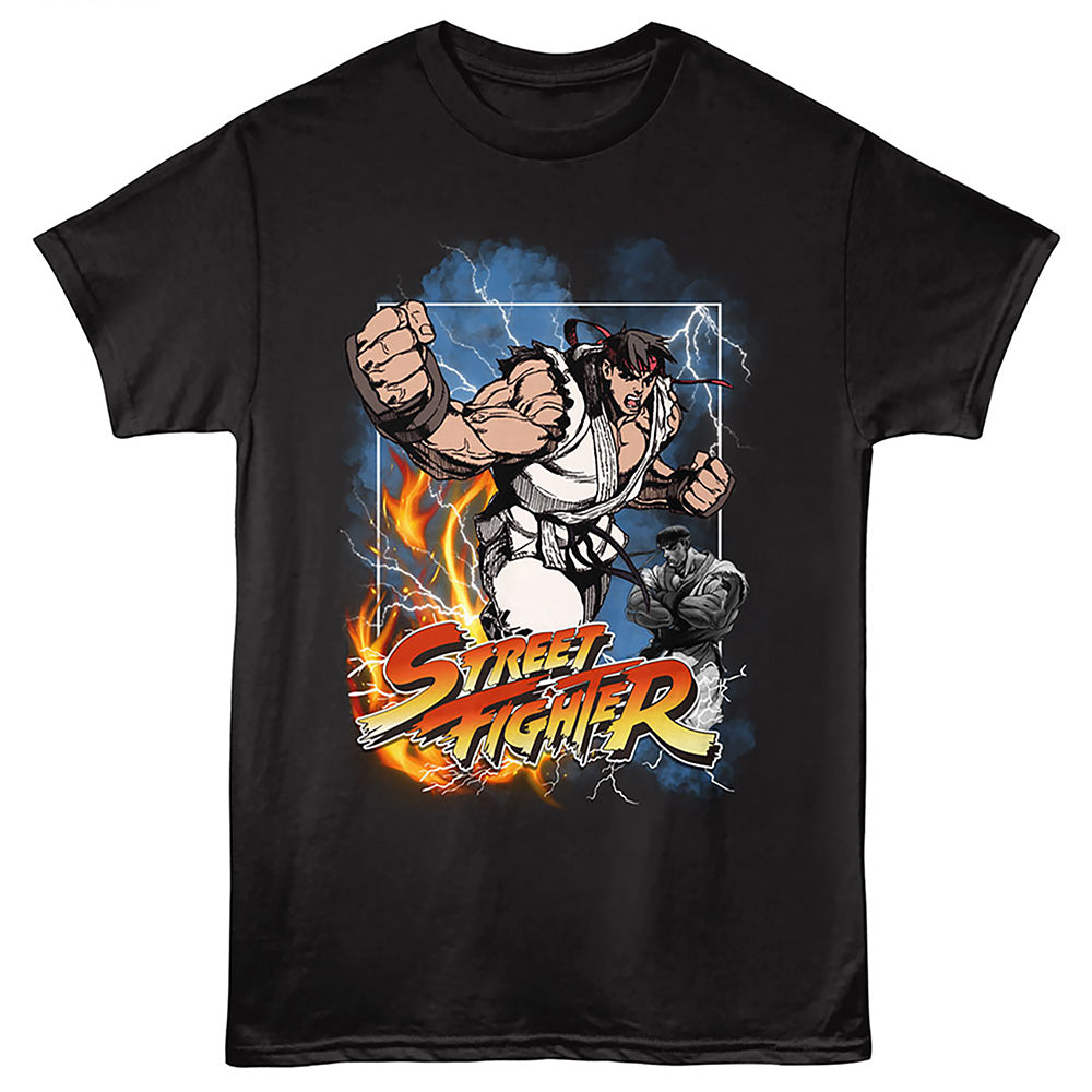 Black t-shirt with Street Fighter graphic design featuring a character in a fighting pose.