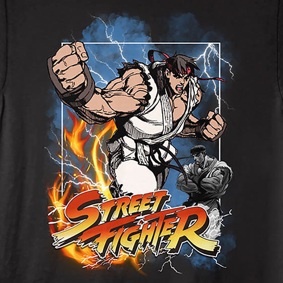 Black t-shirt with Street Fighter graphic design featuring a character in a fighting pose.