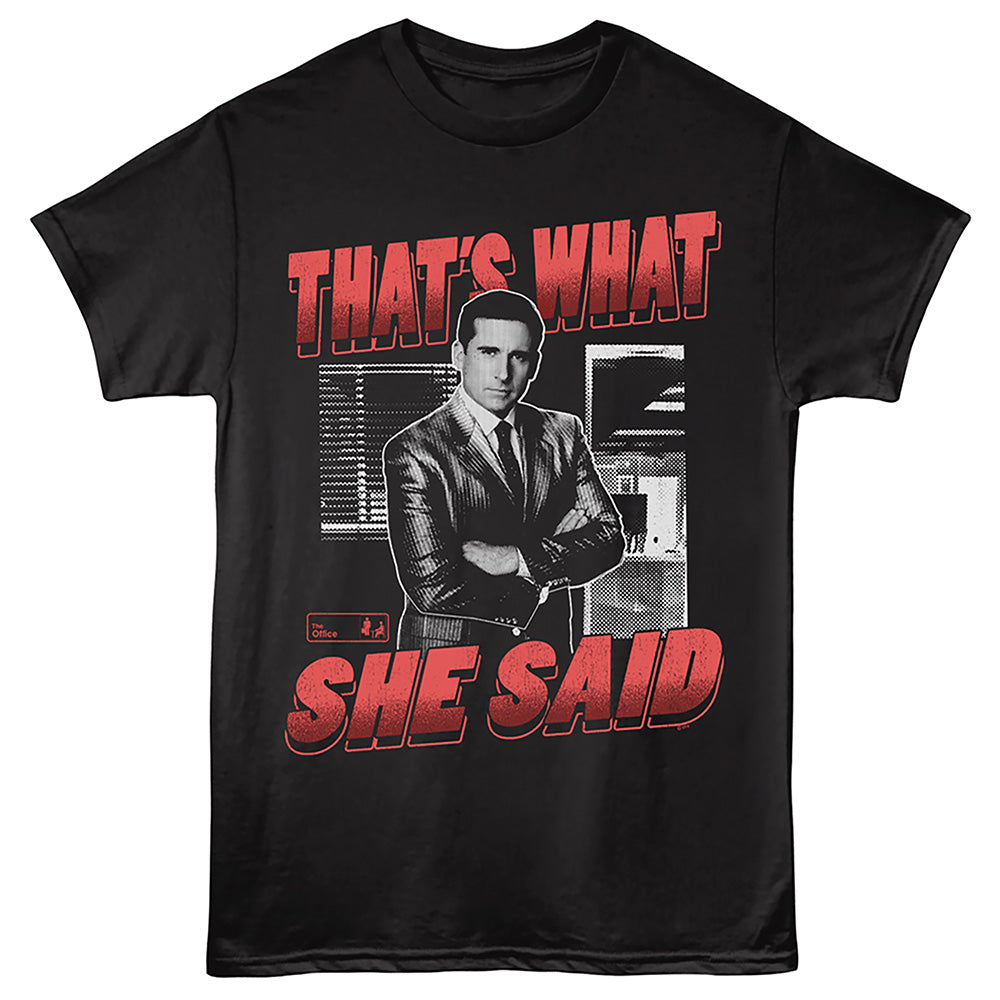 A black short-sleeve graphic t-shirt featuring a print of a man in a suit with the text 'THAT'S WHAT SHE SAID' in red and black.