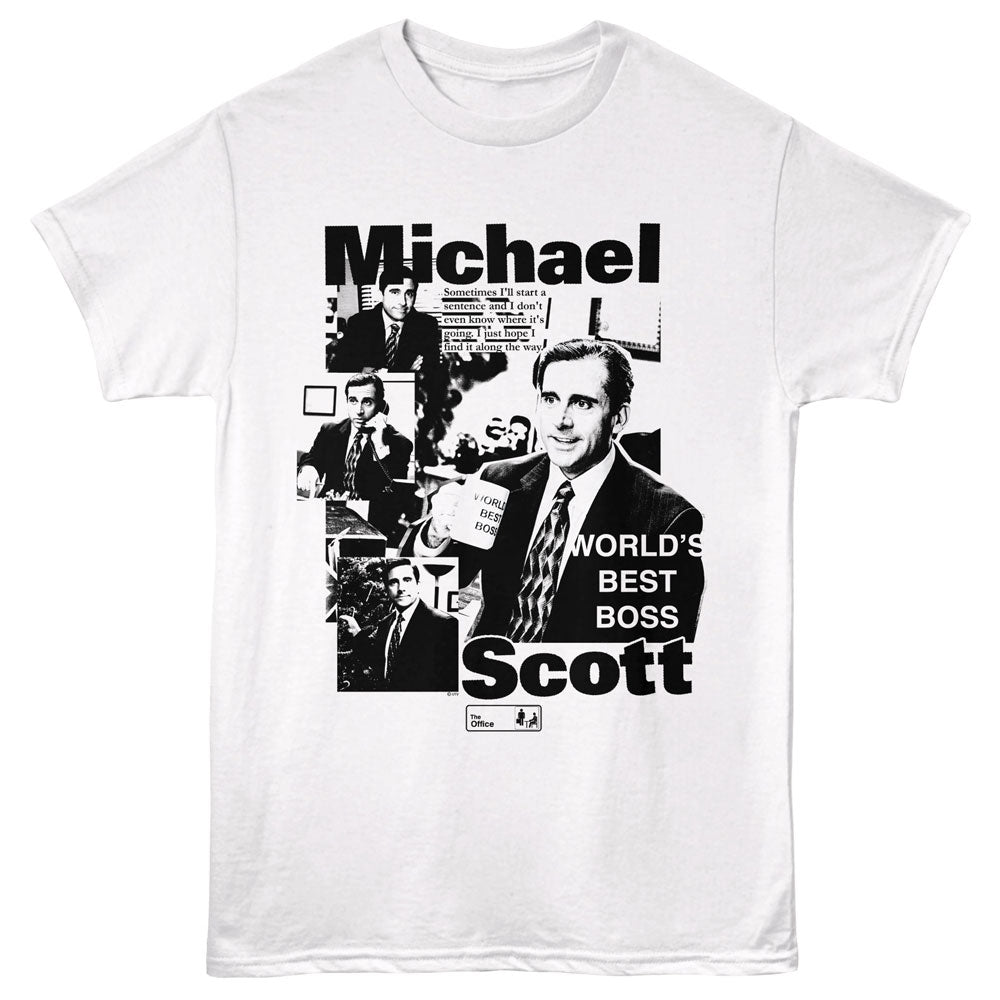 White t-shirt with black and white graphic design featuring a collage of a man and text on a white background.