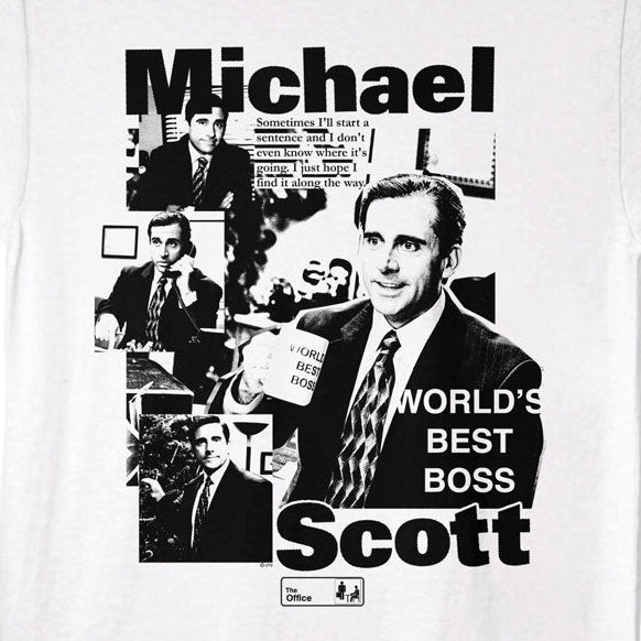 White t-shirt with black and white graphic design featuring a collage of a man and text on a white background.