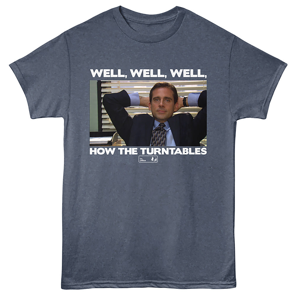 A heather navy blue crewneck t-shirt featuring a printed graphic of Steve Carell as Dwight Schrute in the office meme pose, with the text 'WELL, WELL, WELL, HOW THE TURNTABLES' in white.