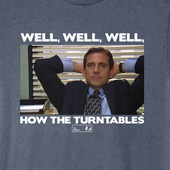 A heather navy blue crewneck t-shirt featuring a printed graphic of Steve Carell as Dwight Schrute in the office meme pose, with the text 'WELL, WELL, WELL, HOW THE TURNTABLES' in white.