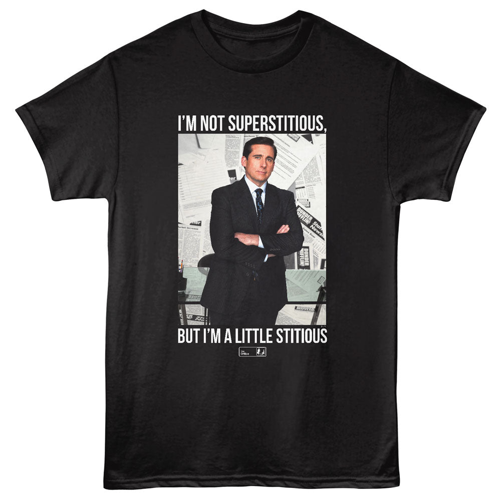 Black t-shirt with a graphic of a man in a suit and text on a black background