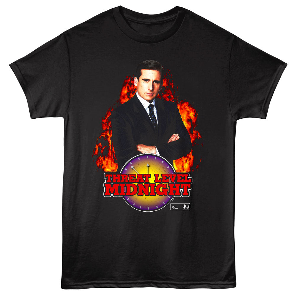 Black t-shirt with 'Threat Level Midnight' graphic featuring a man in a suit and tie.