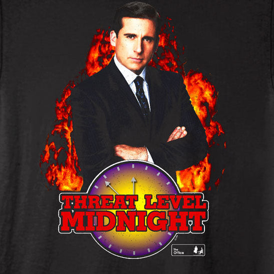 Black t-shirt with 'Threat Level Midnight' graphic featuring a man in a suit and tie.