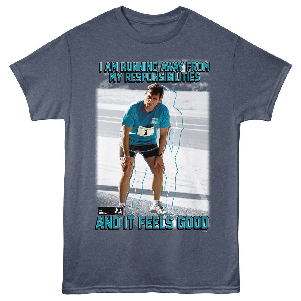Gray t-shirt with a graphic of a runner and humorous text on a blue background