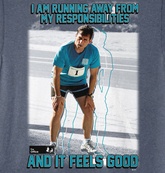 Gray t-shirt with a graphic of a runner and humorous text on a blue background