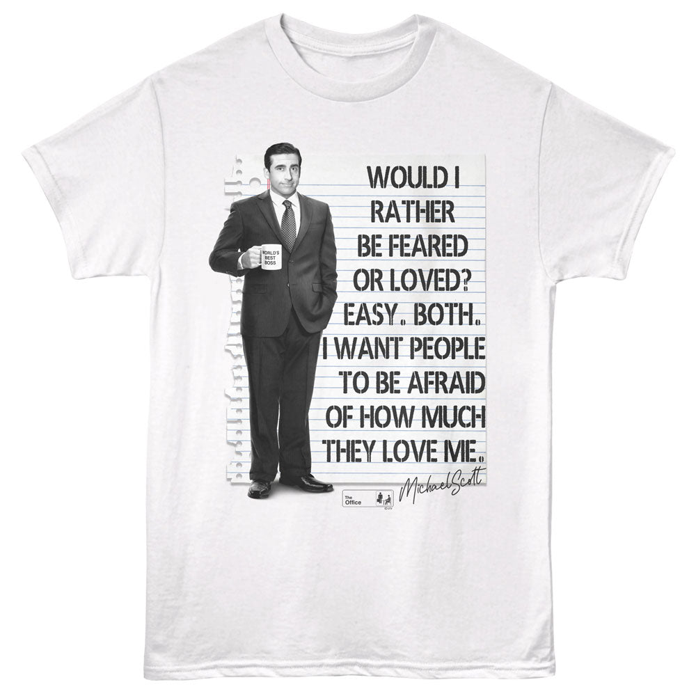 White t-shirt with a graphic of a man in a suit and text, on a white background