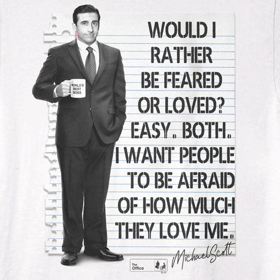 White t-shirt with a graphic of a man in a suit and text, on a white background