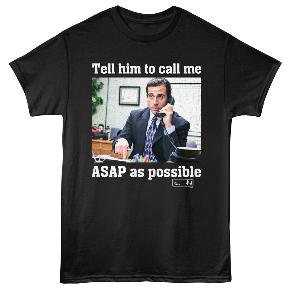 Black t-shirt with a graphic of a man on the phone and text 'Tell him to call me ASAP as possible' from a TV show.