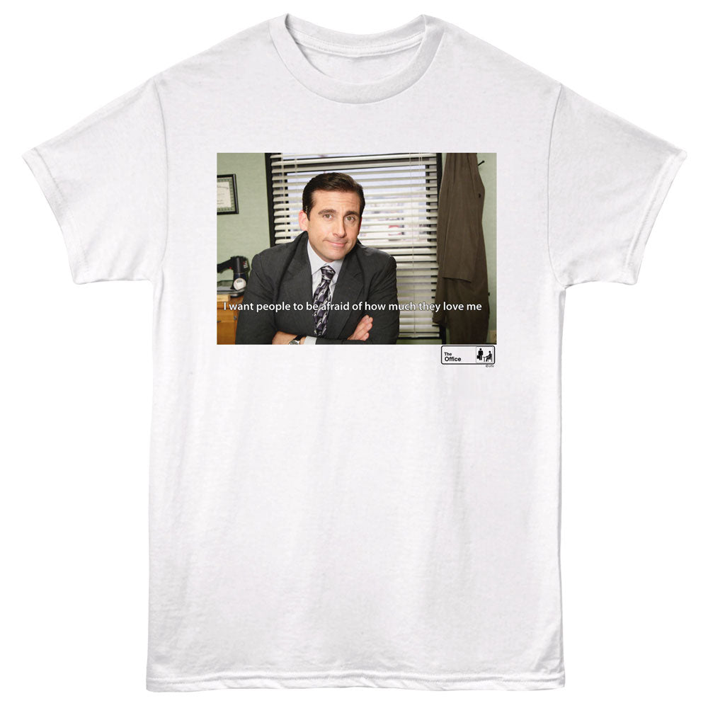 White t-shirt with a graphic of a man in a suit and text, on a white background