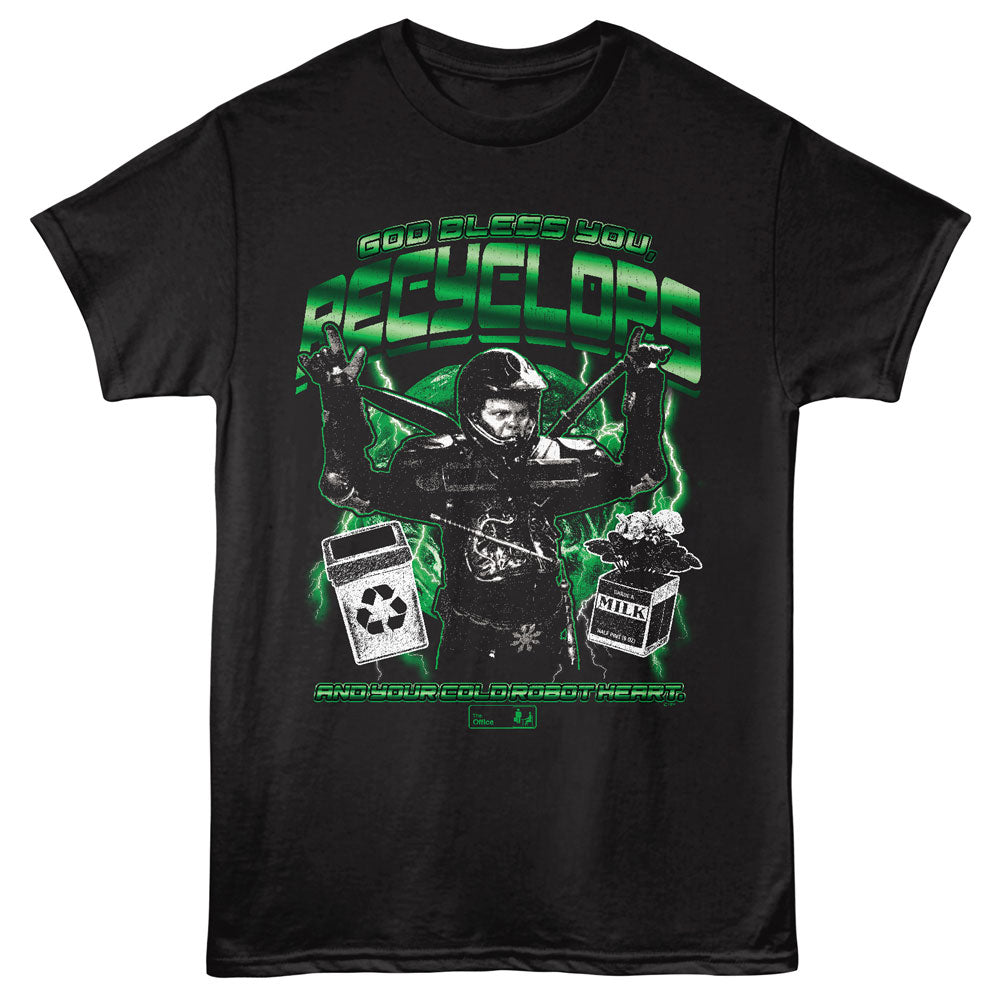 Black t-shirt with green graphic design featuring a person in a helmet and recycling symbols on a black background.