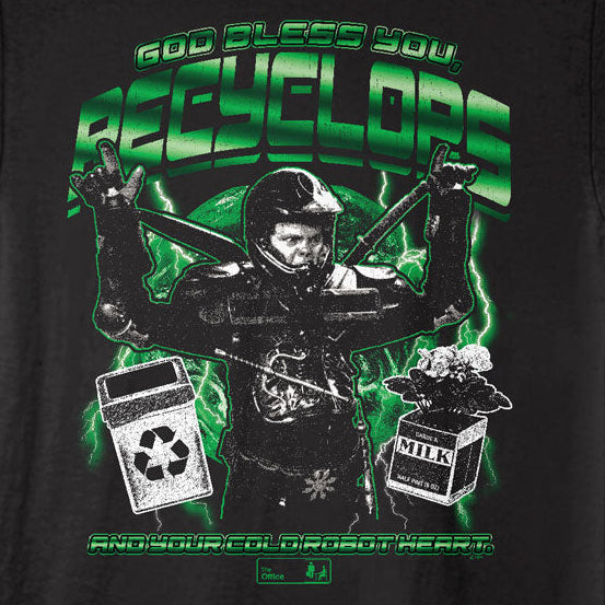 Black t-shirt with green graphic design featuring a person in a helmet and recycling symbols on a black background.