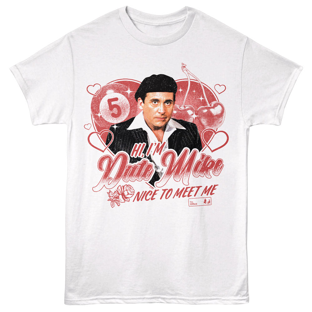 White t-shirt with a graphic of a person and text on a white background