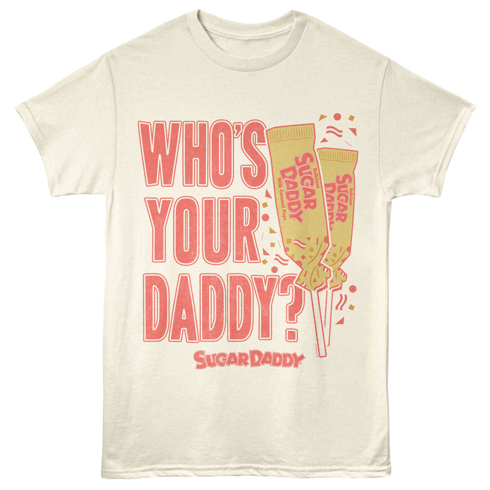Beige t-shirt with 'WHO'S YOUR DADDY?' and 'Sugar Daddy' graphics on a white background