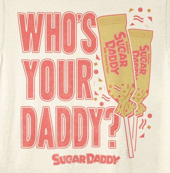 Beige t-shirt with 'WHO'S YOUR DADDY?' and 'Sugar Daddy' graphics on a white background