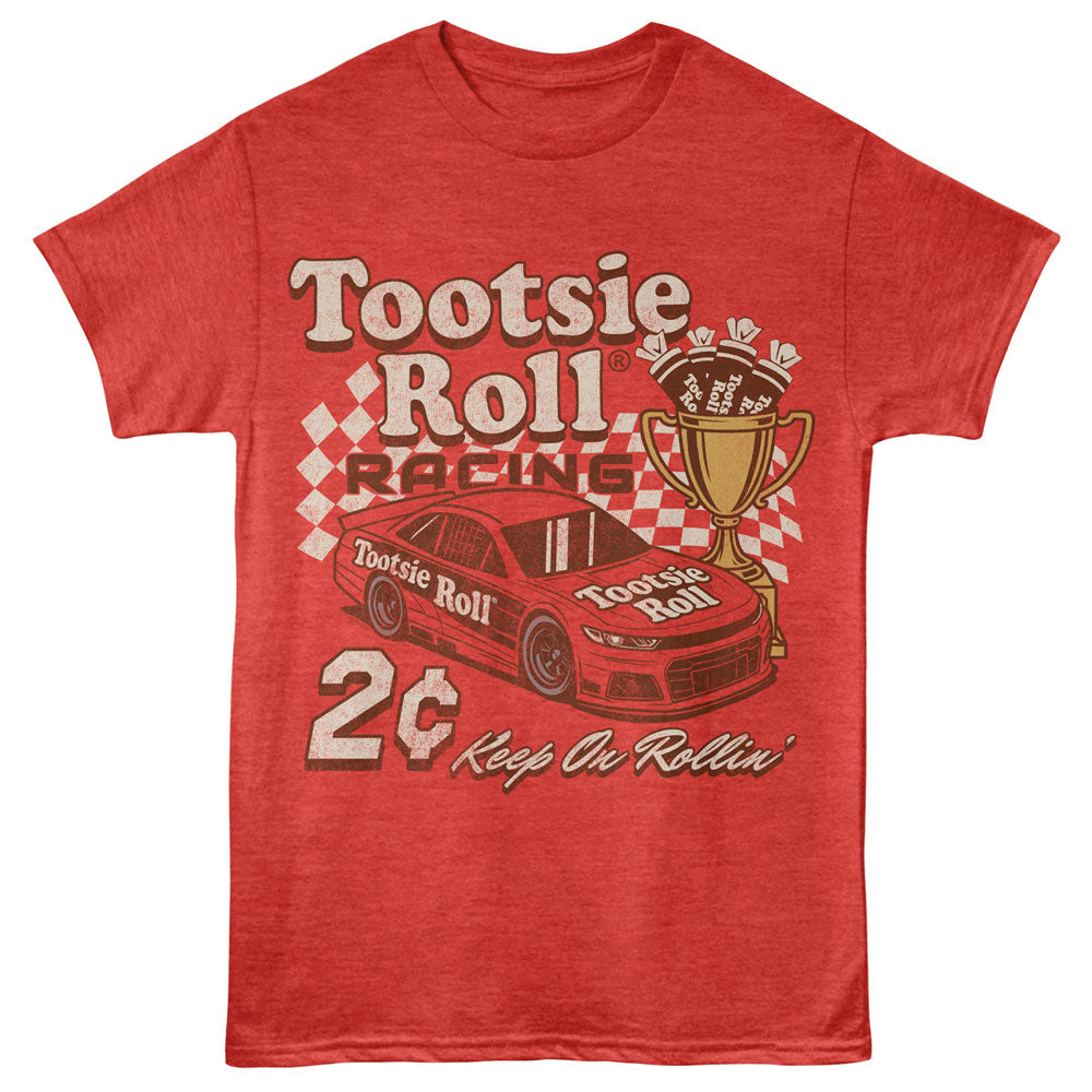 Red t-shirt with Tootsie Roll racing graphic on a red background