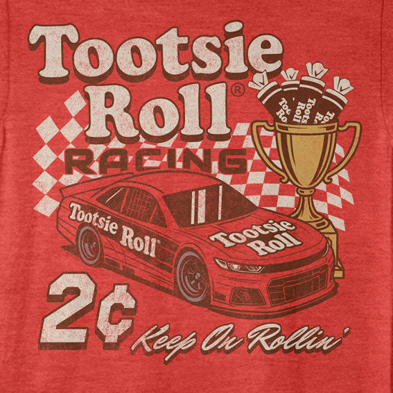 Red t-shirt with Tootsie Roll racing graphic on a red background