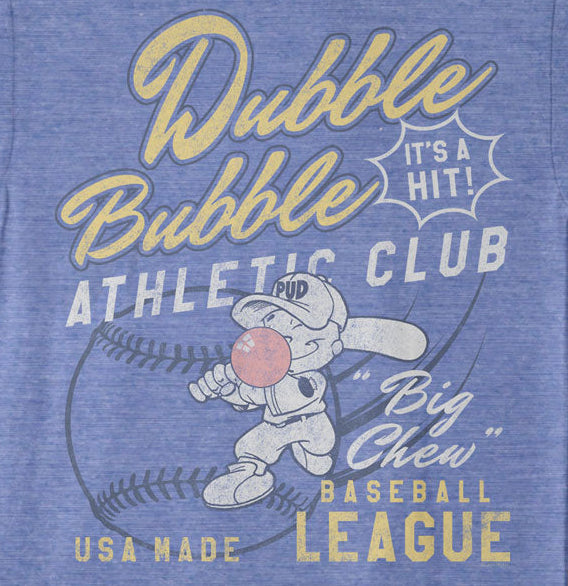 Blue t-shirt with vintage-style graphic and text on a blue background