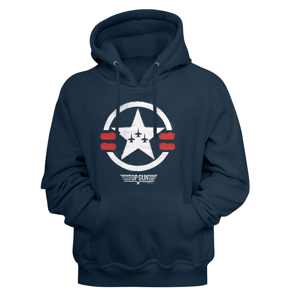 A navy blue pullover hoodie featuring a distressed white and red graphic on the chest with a star, horizontal stripes, and the text 'TOP GUN'.