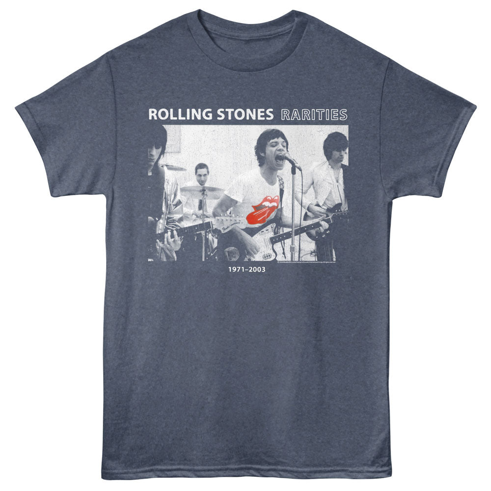 A heather navy blue short-sleeve graphic t-shirt featuring a black and white photo print of the band Rolling Stones with a prominent red lips logo and the text 'ROLLING STONES RARITIES' and '1971-2003'.