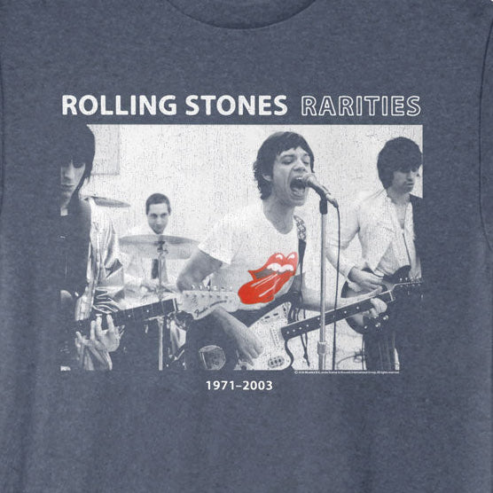 A heather navy blue short-sleeve graphic t-shirt featuring a black and white photo print of the band Rolling Stones with a prominent red lips logo and the text 'ROLLING STONES RARITIES' and '1971-2003'.