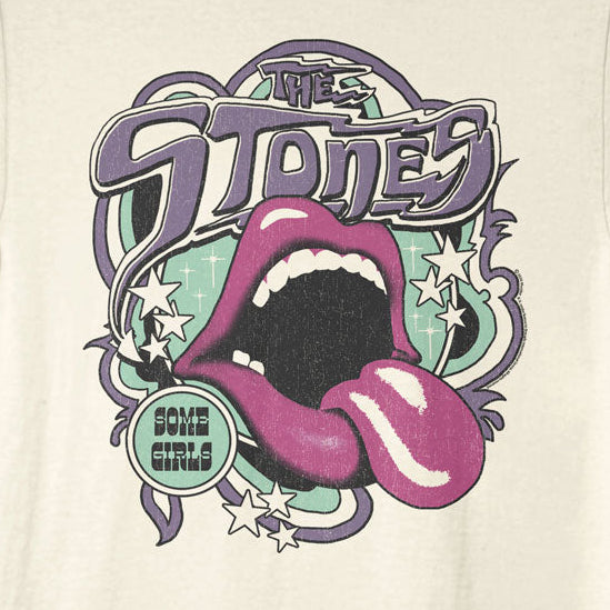 Beige t-shirt with a graphic design of a tongue and 'The Stones' text on a white background