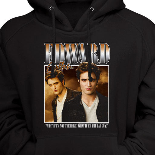 Black hoodie with a graphic of two people and text on a black background